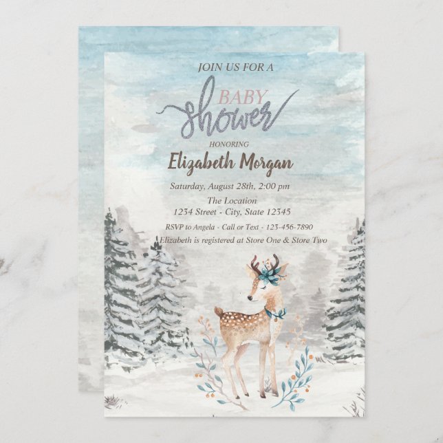 Baby Reindeer Forest Snow Baby Shower   Invitation (Front/Back)