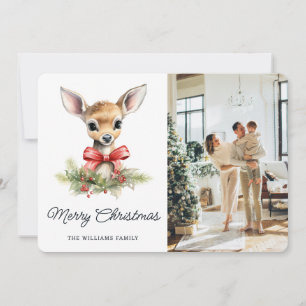 Baby Reindeer Watercolor Botanical Photo Christmas Holiday Card