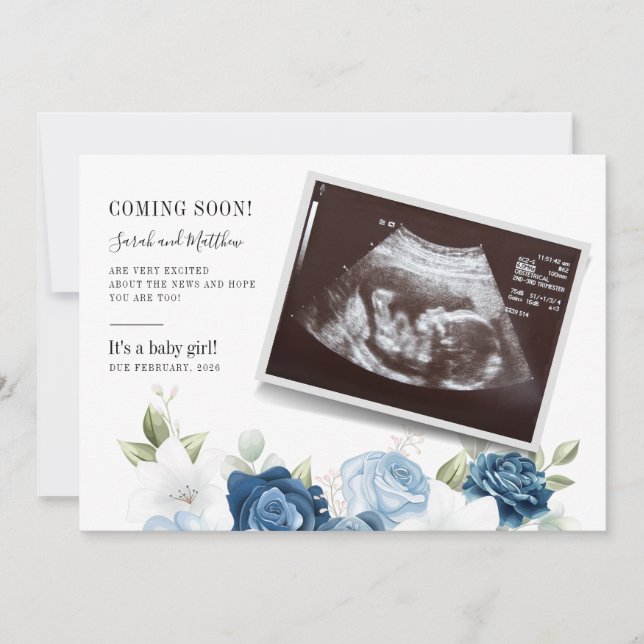 Baby Reveal Dusty Blue Floral Botanical Pregnancy Announcement (Front)