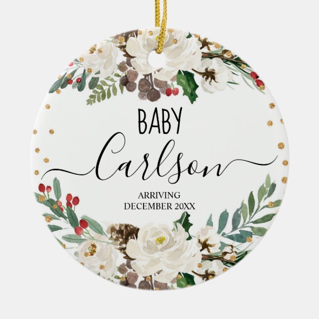 Baby Reveal Pregnancy Winter Christmas Floral Ceramic Ornament (Front)