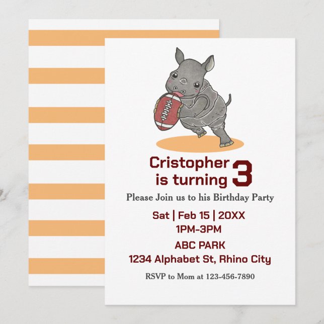Baby Rhino American Football Birthday Invitation (Front/Back)