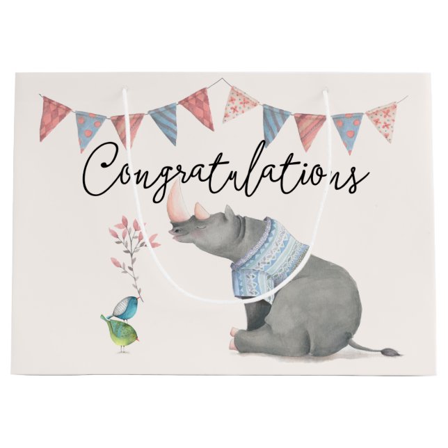 Baby Rhinoceros & Birdies Painted Boy Baby Large Gift Bag (Front)