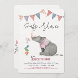 Baby Rhinoceros & Birdies Painted Girl Baby Shower Invitation