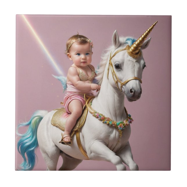 Baby Riding A Unicorn Ceramic Tile (Front)