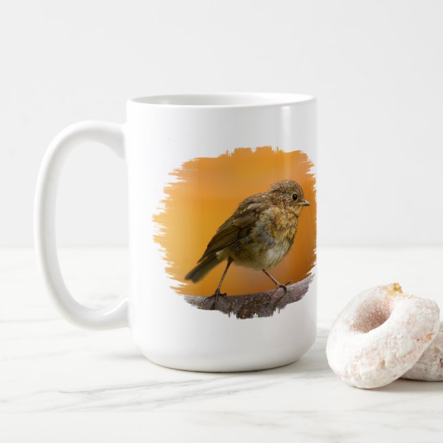 Baby Robin On A Tree Branch Coffee Mug (With Donut)