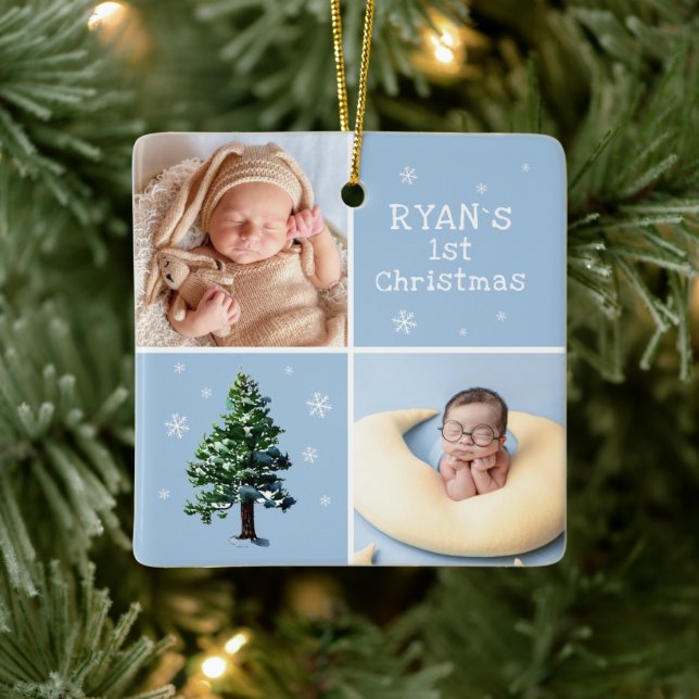 Baby`s 1st Christmas 2 Photos Pine Tree Snowflakes Ceramic Ornament (Tree)
