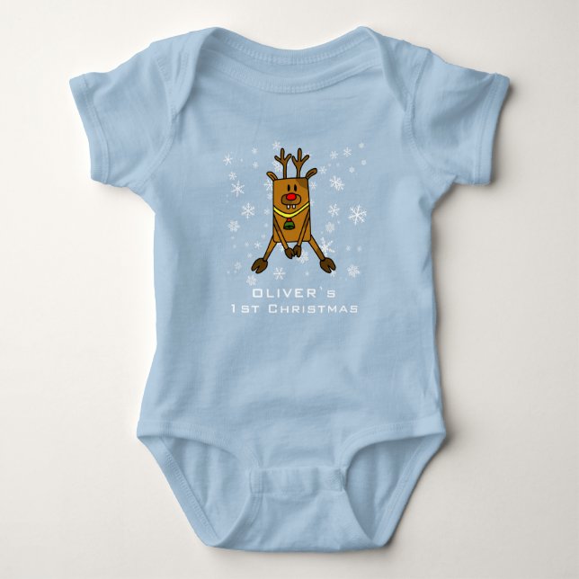 Baby`s 1st Christmas Cute Deer Snowflake Boy Baby Bodysuit (Front)