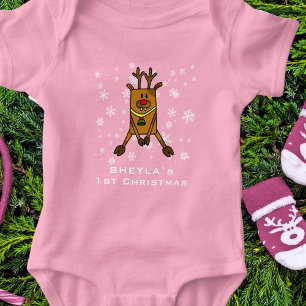 Baby`s 1st Christmas Cute Deer Snowflake Pink Girl Baby Bodysuit