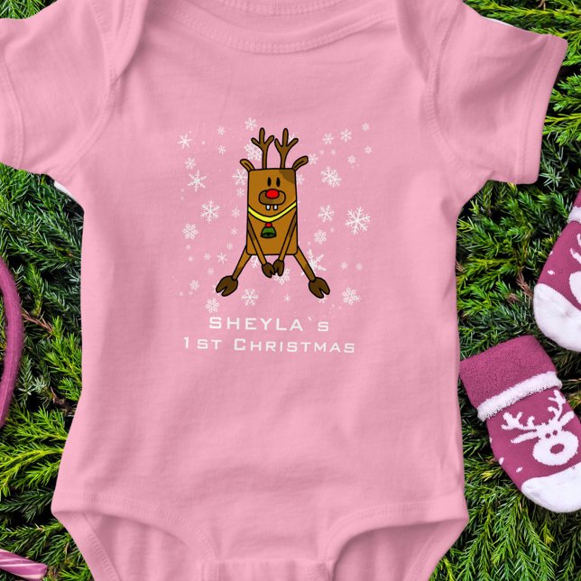 Baby`s 1st Christmas Cute Deer Snowflake Pink Girl Baby Bodysuit (Creator Uploaded)