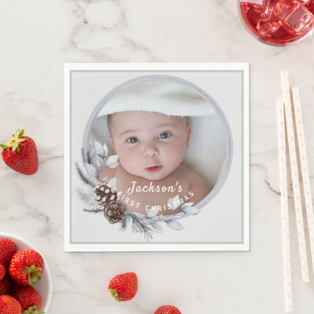 Baby’s 1st Christmas Grey Botanical Photo Keepsake Napkin (Insitu)