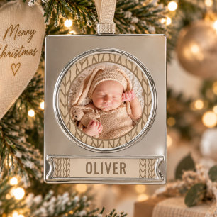 Baby`s 1st Christmas Knitting Photo Silver Plated Banner Ornament