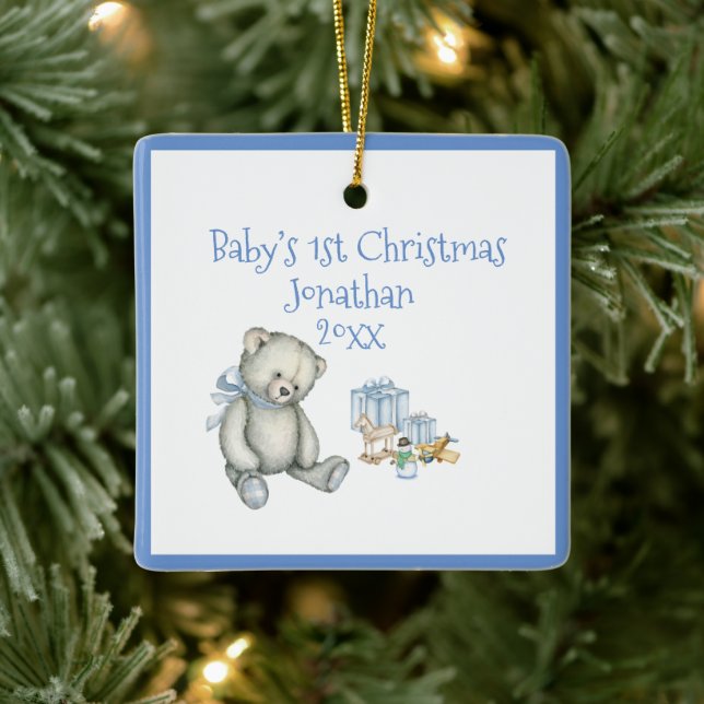 Baby’s 1st Christmas Personalise Blue Cute Baby Ceramic Ornament (Tree)