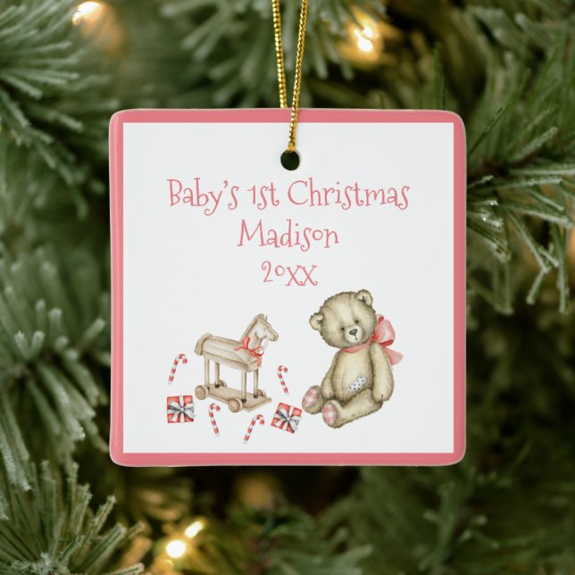 Baby’s 1st Christmas Personalise Pink Cute Baby Ceramic Ornament (Tree)