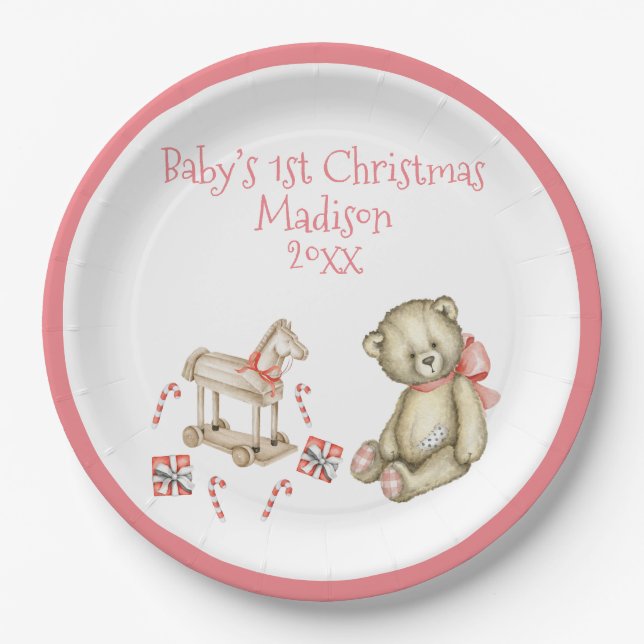 Baby’s 1st Christmas Personalise Pink Cute Baby Paper Plate (Front)