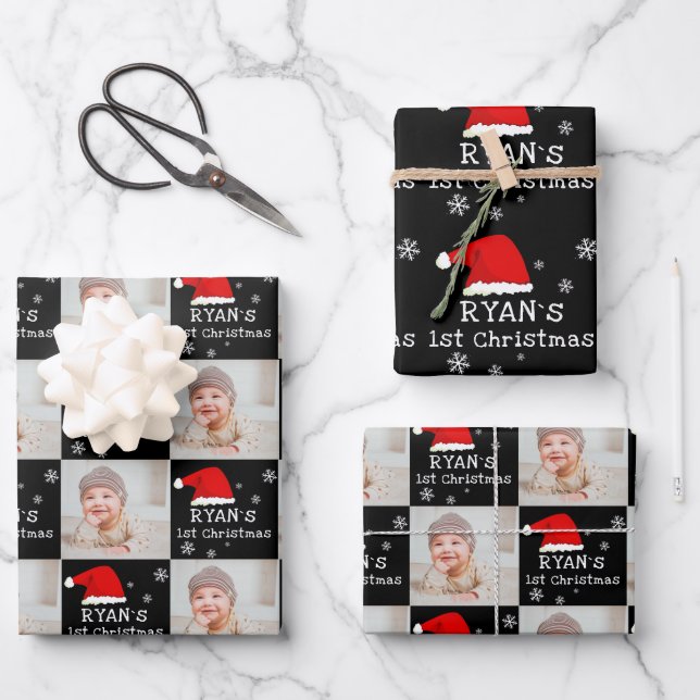 Baby`s 1st Christmas Photo Santa Hat Snowflake  Wrapping Paper Sheet (Front)
