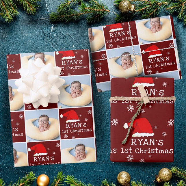 Baby`s 1st Christmas Photo Santa Hat Snowflake Wrapping Paper Sheet (Creator Uploaded)