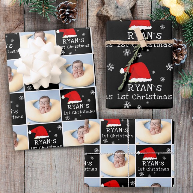Baby`s 1st Christmas Photo Santa Hat Snowflake Wrapping Paper Sheet (Creator Uploaded)