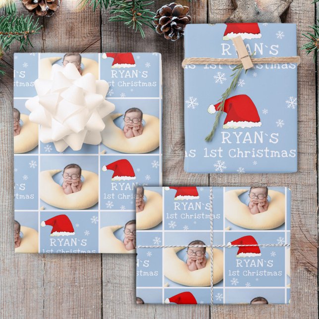 Baby`s 1st Christmas Photo Santa Hat Snowflake Wrapping Paper Sheet (Creator Uploaded)