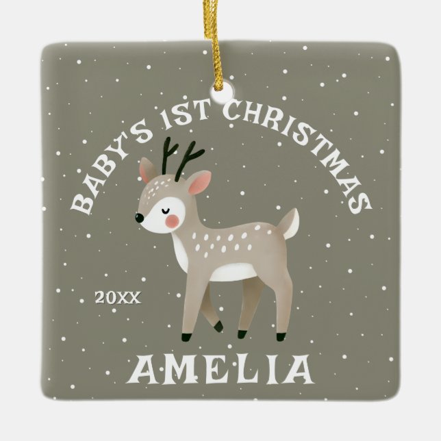 Baby’s 1st Christmas Reindeer Keepsake Photo Ceramic Ornament (Front)