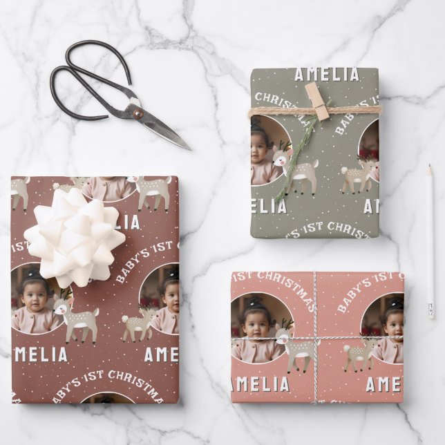 Baby’s 1st Christmas Reindeer Keepsake Photo Wrapping Paper Sheet (Front)