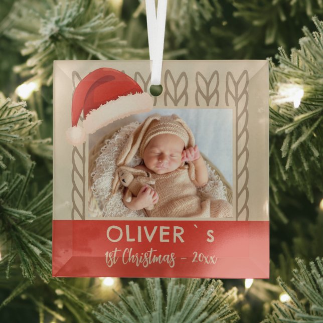 Baby`s 1st Christmas Santa Hat Knitting Photo Glass Tree Decoration (Insitu)