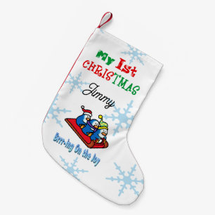 Baby’s 1st Christmas with Cute Penguins in Snow Small Christmas Stocking