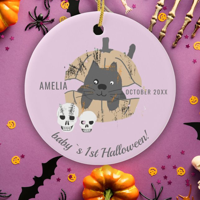 Baby`s 1st Halloween Pink Cat Pumpkin Skull  Ceramic Ornament (Creator Uploaded)