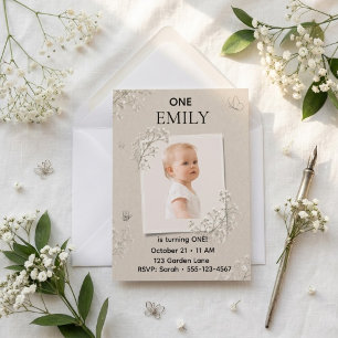 Baby’s Breath Beige First Birthday Photo Invitation