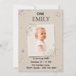 Baby’s Breath Beige First Birthday Photo Invitation