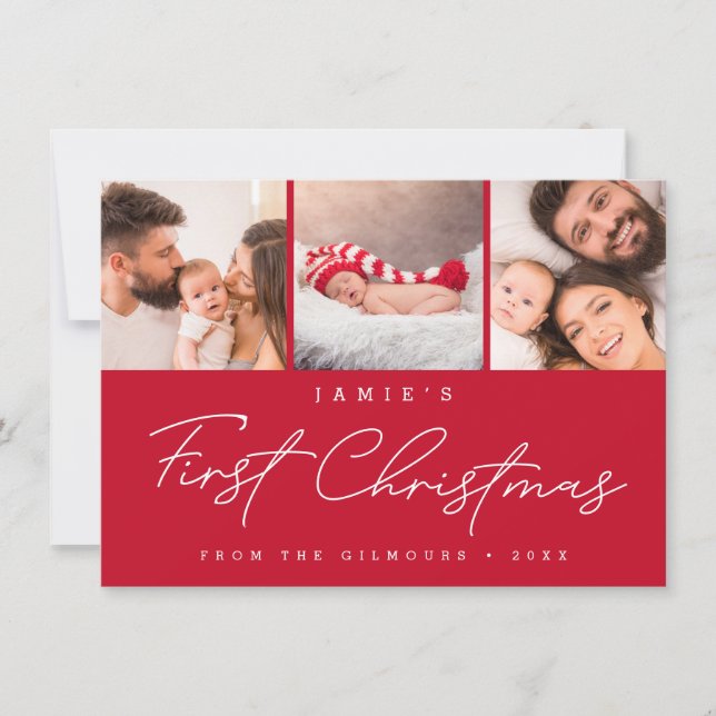 Baby’s First Christmas 3 Photo Collage Script RED Holiday Card (Front)