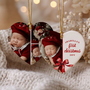 Baby’s First Christmas 4 Photo Watercolor Red Bow  Ceramic Ornament