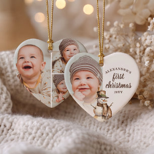 Baby’s First Christmas 4 Photo Watercolor Snowman Ceramic Ornament