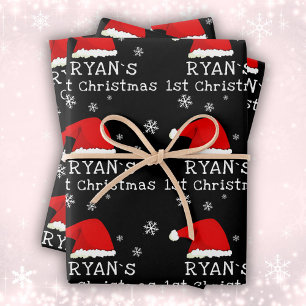Baby`s First Christmas Black Santa Hat Snowflake Wrapping Paper Sheet