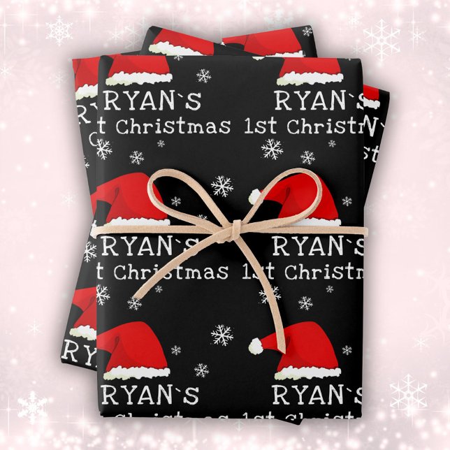 Baby`s First Christmas Black Santa Hat Snowflake  Wrapping Paper Sheet (Creator Uploaded)