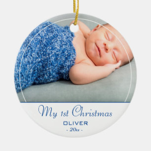 Baby`s First Christmas Blue Baby Boy Photo Ceramic Ornament