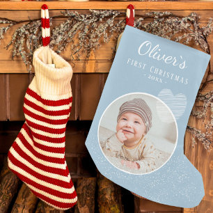 Baby`s First Christmas Blue Heart Photo Small Christmas Stocking