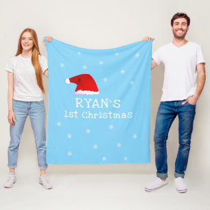 Baby`s First Christmas Blue Santa Hat Snowflake Fleece Blanket