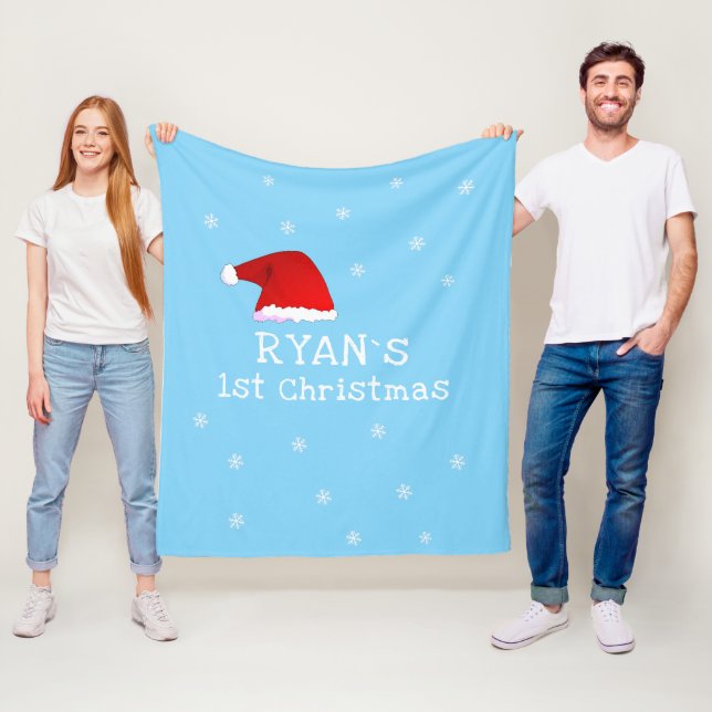 Baby`s First Christmas Blue Santa Hat Snowflake Fleece Blanket (In Situ)