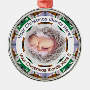 Baby’s First Christmas Brown Green Purple Photo Metal Ornament