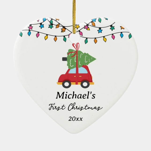 Baby’s First Christmas Car Tree Custom Name Ceramic Ornament (Back)