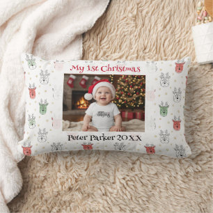 Baby’s First Christmas Custom Name Photo Reindeer Lumbar Cushion