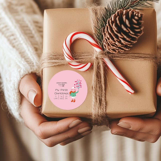 Baby’s First Christmas - Cute Lamb art on pink Classic Round Sticker (Creator Uploaded)