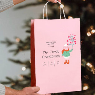 Baby’s First Christmas - Cute Lamb art on pink Medium Gift Bag