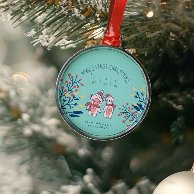 Baby’s First Christmas cute Pig and Bear Metal Ornament (Creator Uploaded)