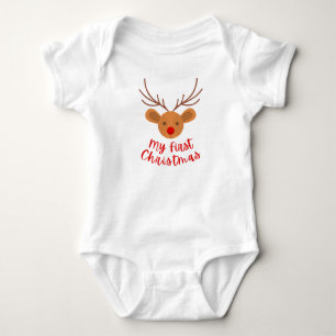 Baby’s First Christmas Cute Reindeer with Red Nose Baby Bodysuit