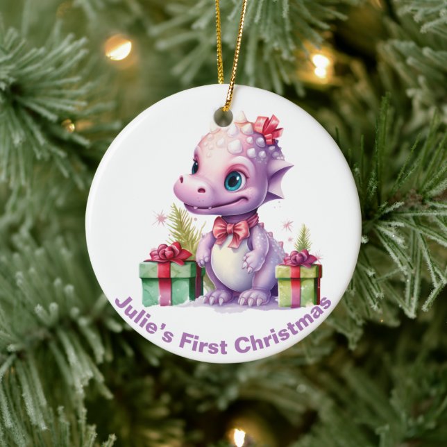 Baby’s First Christmas Dinosaur.  Customisable  Ceramic Ornament (Tree)
