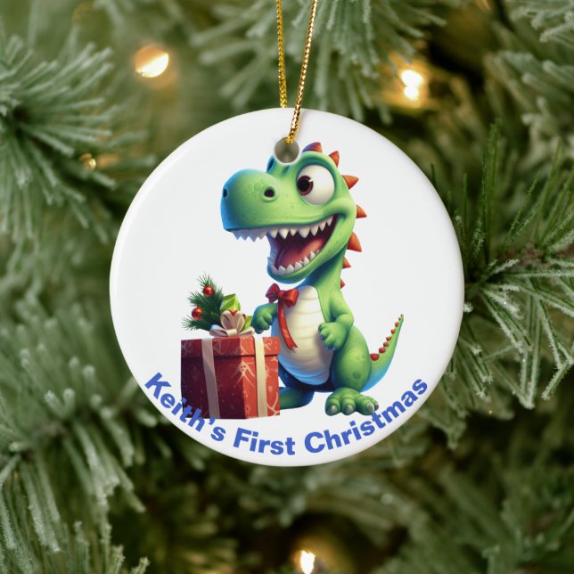 Baby’s First Christmas Dinosaur.  Customisable  Ceramic Ornament (Tree)