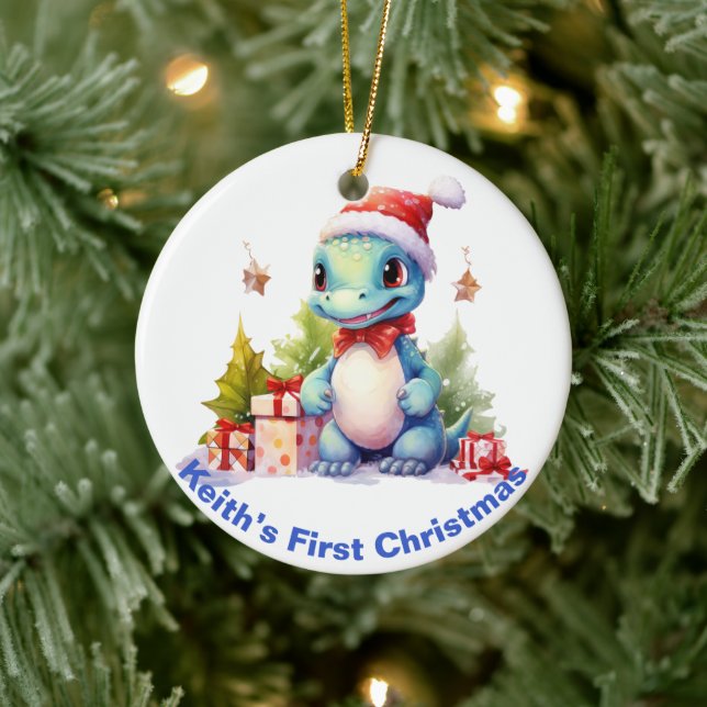 Baby’s First Christmas Dinosaur.  Customisable  Ceramic Ornament (Tree)