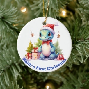 Baby’s First Christmas Dinosaur.  Customizable  Ceramic Ornament