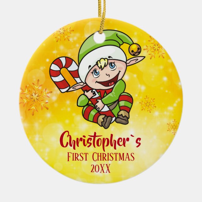 Baby`s First Christmas Elf Candy Cane Yellow Ceramic Ornament (Front)